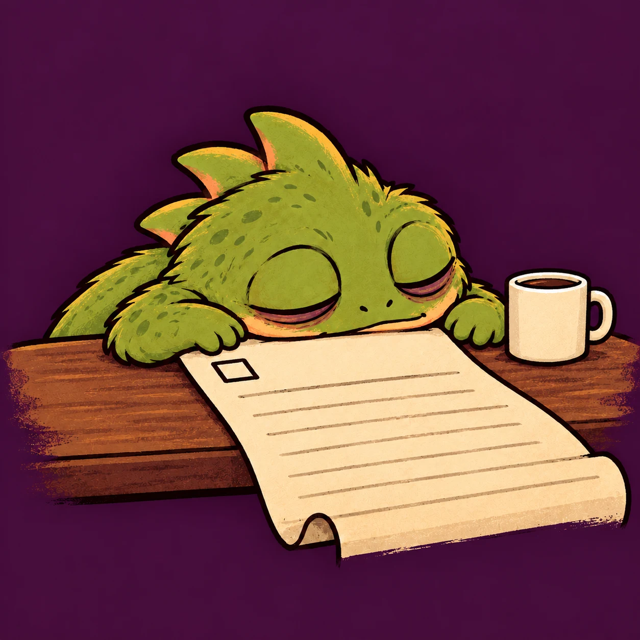 Snoozelisk asleep over his unfinished to-do list beside a coffee cup.